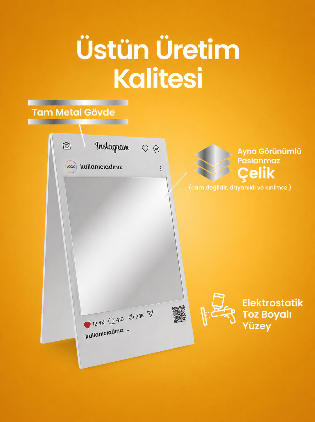 Lüks Metal Selfie Çerçevesi Tabela – İşletmeler İçin QR Kodlu Özel Sosyal Medya Fotoğraf Çerçevesi