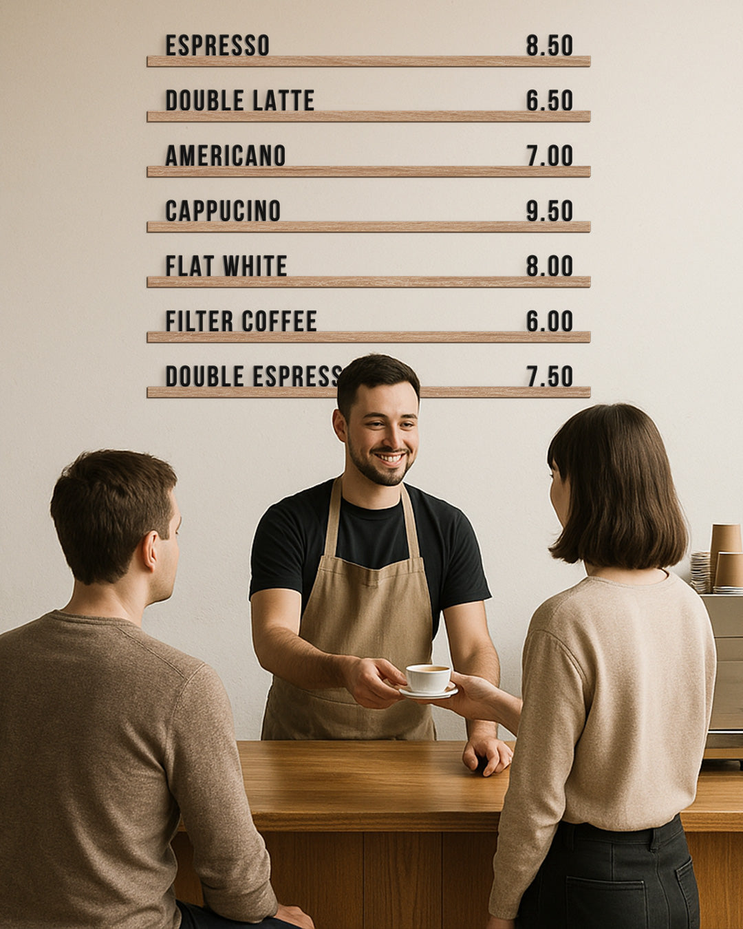 Meşe Ahşap Menü Panosu | 100 cm Duvar Rayı & Harf Seti