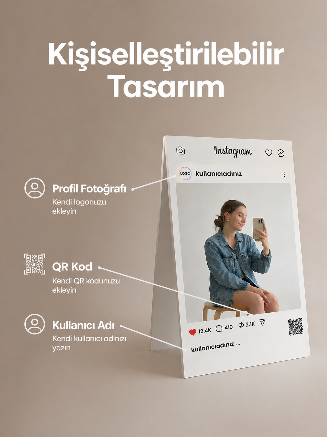 QR Kodlu Sosyal Medya Çerçeve Tabela – Salon & Kafeler İçin Özel Selfie Çerçevesi – Metal Kaldırım Tabelası – Pavement Sign – İşletme Tabelası