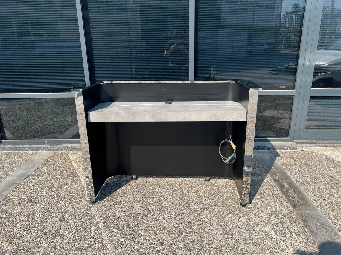 Özel Üretim Aynalı Paslanmaz Çelik Resepsiyon Bankosu, Krom Metal Karşılama Masası – Ofis, Salon ve Mağazalar İçin Modern Lüks Resepsiyon Desk’i