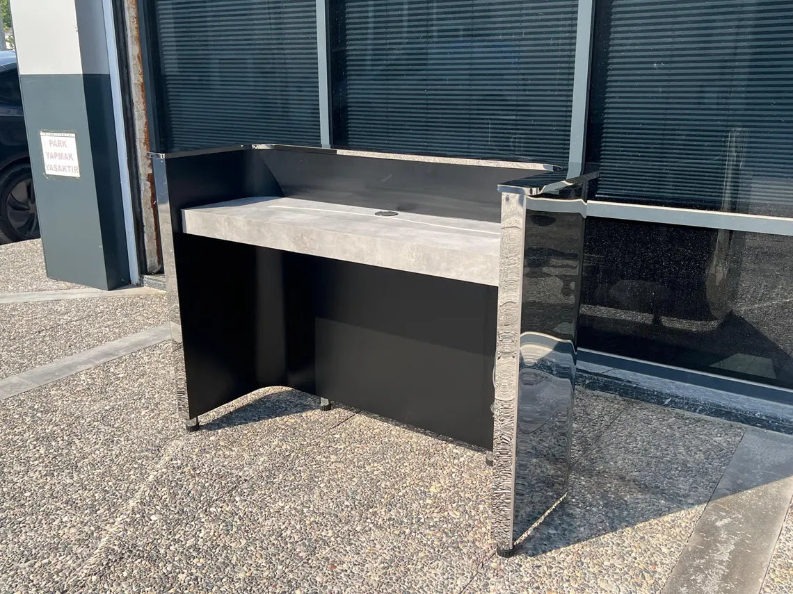 Özel Üretim Aynalı Paslanmaz Çelik Resepsiyon Bankosu, Krom Metal Karşılama Masası – Ofis, Salon ve Mağazalar İçin Modern Lüks Resepsiyon Desk’i