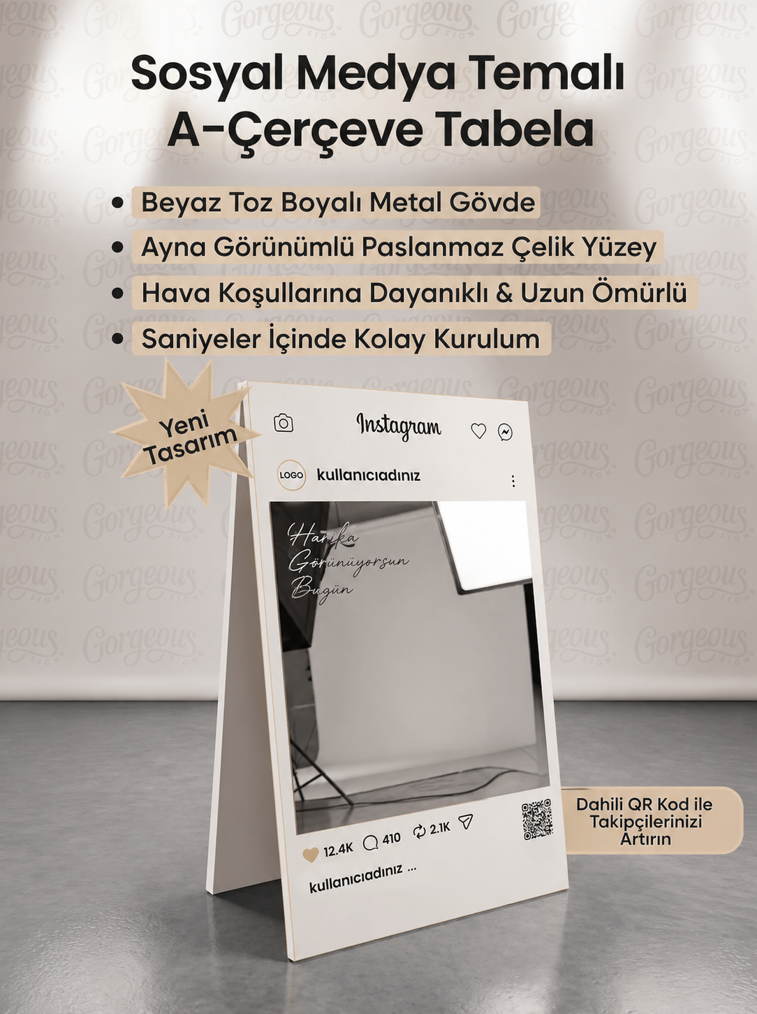 QR Kodlu Sosyal Medya Çerçeve Tabela – Salon & Kafeler İçin Özel Selfie Çerçevesi – Metal Kaldırım Tabelası – Pavement Sign – İşletme Tabelası