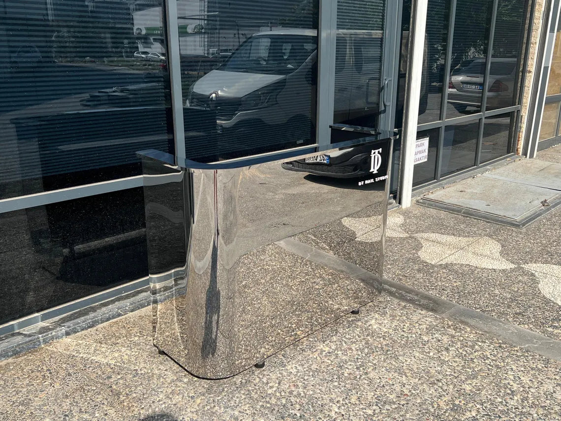 Özel Üretim Aynalı Paslanmaz Çelik Resepsiyon Bankosu, Krom Metal Karşılama Masası – Ofis, Salon ve Mağazalar İçin Modern Lüks Resepsiyon Desk’i