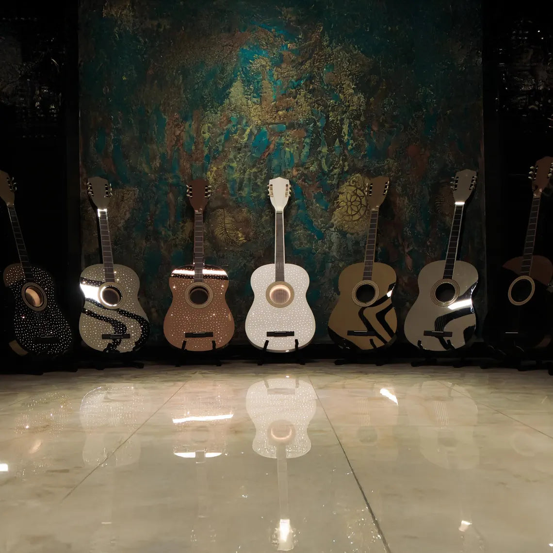 Işıklı Gitar Duvar Dekoru, Paslanmaz Çelik LED Gitar Tablosu, Lüks Müzik Temalı Duvar Dekoru