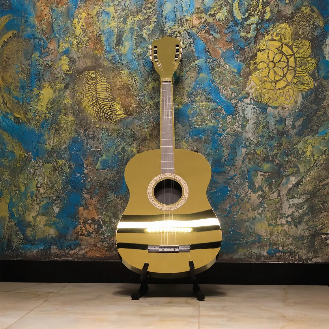 Işıklı Gitar Duvar Dekoru, Paslanmaz Çelik LED Gitar Tablosu, Lüks Müzik Temalı Duvar Dekoru