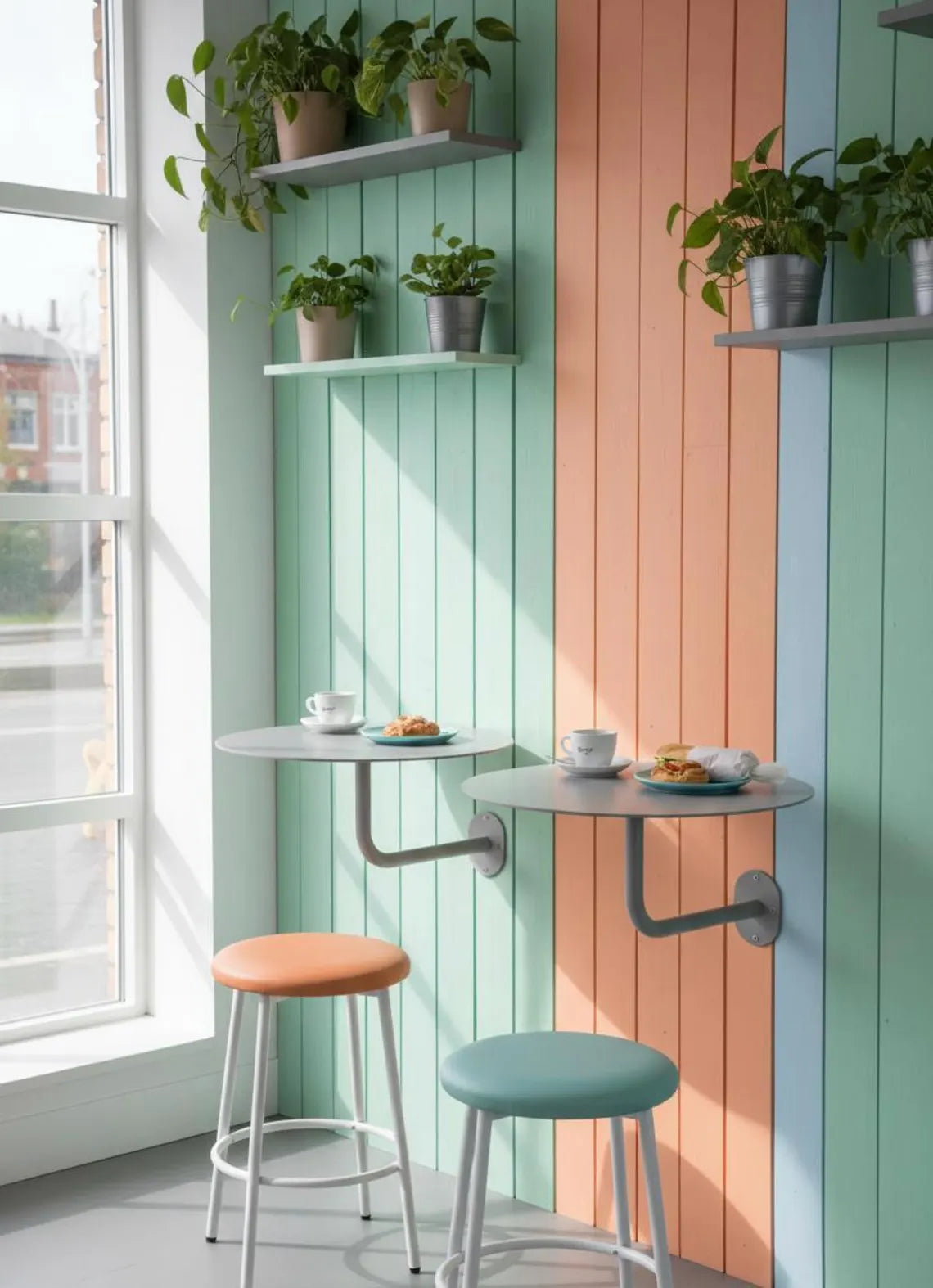 Metal Duvara Monte Bistro Masası, Yer Tasarruflu Kafe Tasarımı