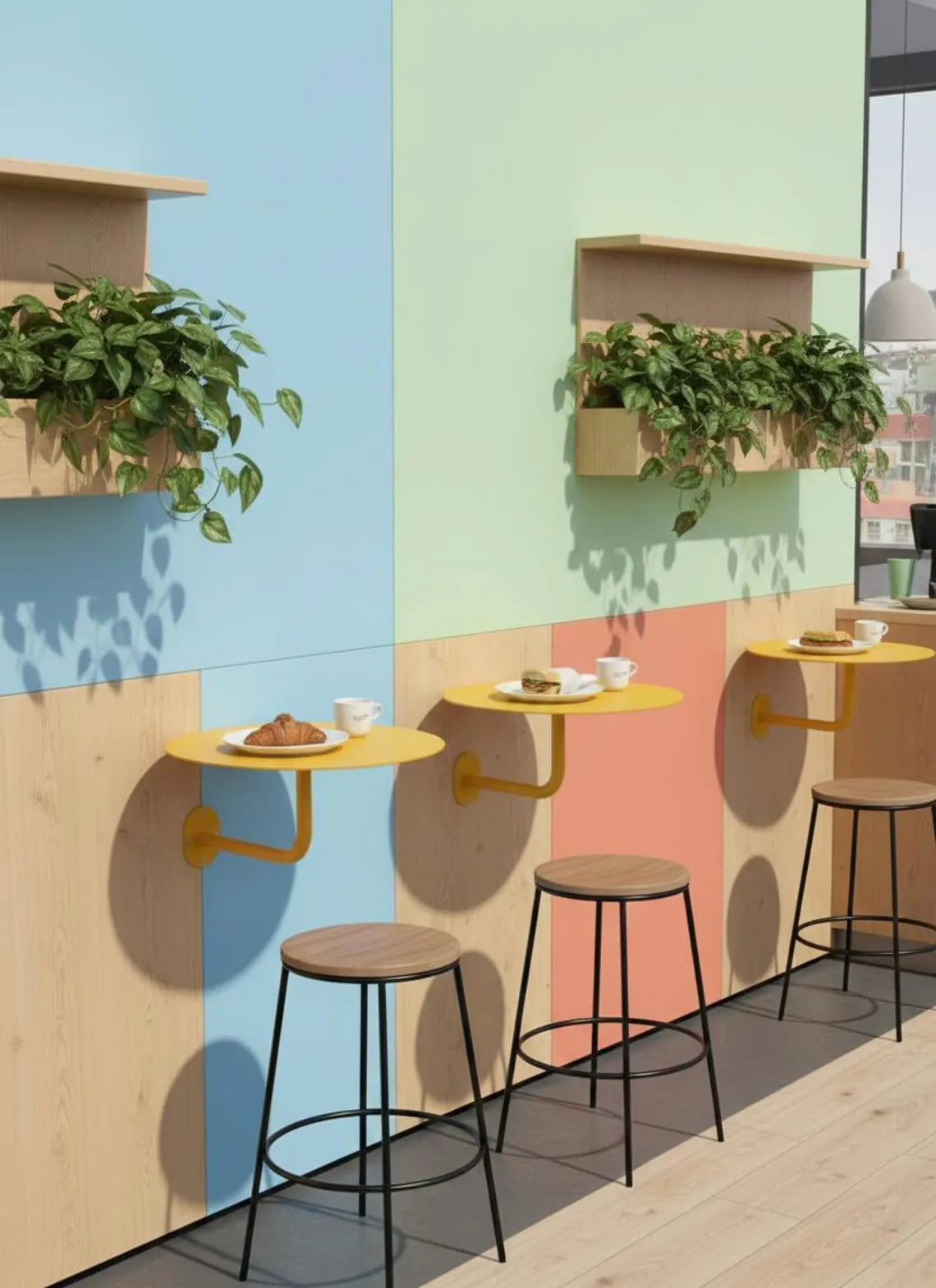 Metal Duvara Monte Bistro Masası, Yer Tasarruflu Kafe Tasarımı