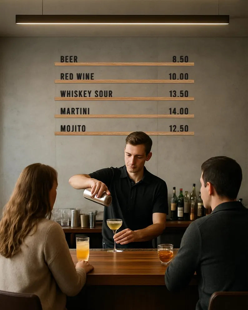 Değiştirilebilir Harfli Pano, Kafe İçin Duvar Menüsü, Ahşap Kahve Dükkanı Menü Panosu, Restoran Menü Panosu, Menü Rayları, Kafe ve Kahve Dükkanı Menü Panosu Sunumu