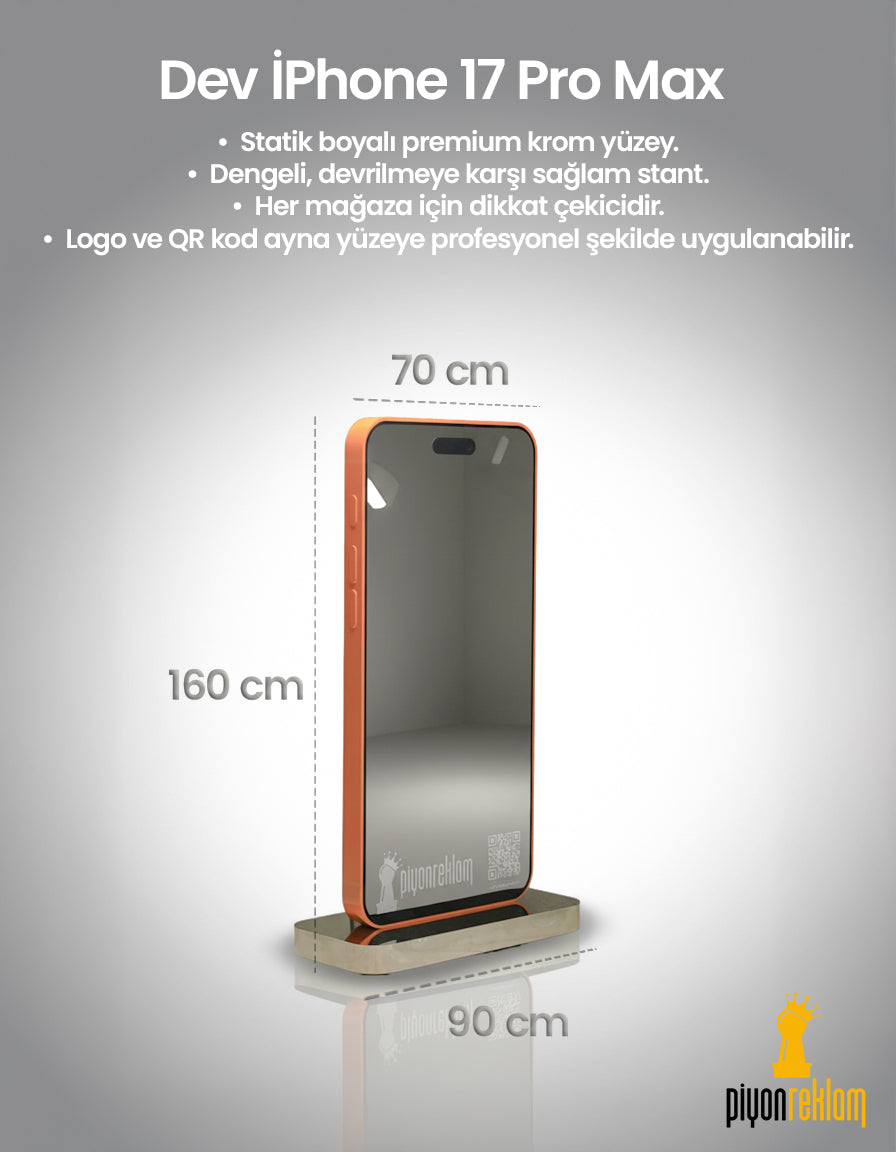 Dev iPhone 17 Pro Max Vitrin Maketi, Krom Metal Heykel, Lüks Mağaza ve Teknoloji Mağazası Vitrin Dekoru, Dev Telefon Display Standı