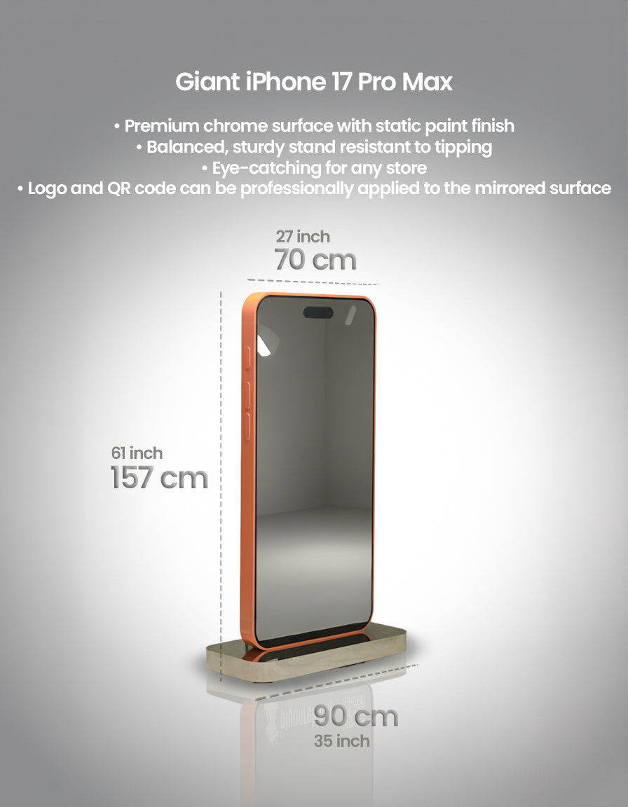 Dev iPhone 17 Pro Max Vitrin Maketi, Krom Metal Heykel, Lüks Mağaza ve Teknoloji Mağazası Vitrin Dekoru, Dev Telefon Display Standı